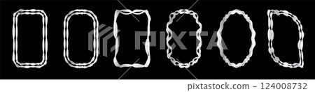 Set of exquisite silver frames with wavy lines and patterns. Fashionable vintage ornate frames for wedding invitations, greeting cards, prints. 124008732
