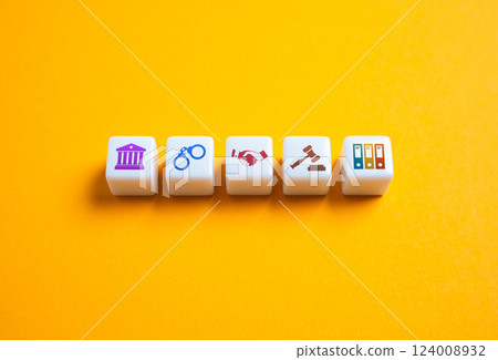 Attributes of the judicial system and justice. Courtrooms, legal documents, and law books, representing fairness, truth, and judicial authority. 124008932