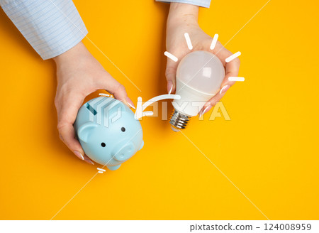 Piggy bank and light bulb idea in hands. Concept idea how to earn pocket money. Start a business or come up with a startup. Creativity, financial planning, and innovative ways to generate income 124008959