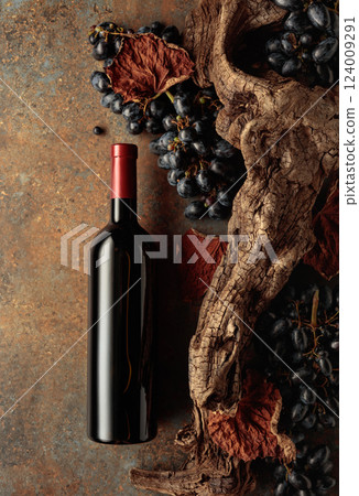 Bottle of red wine with blue grapes on a rusty background. 124009291