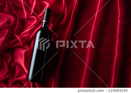 Bottle of red wine on a satin background. 124009295