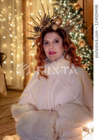 Woman Crown Christmas Tree Festive Holiday Portrait Woman Crown Christmas Tree Festive Holiday Portrait 124009496