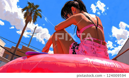 Bright sunshine and palm trees as a woman relaxes on a colorful float in serene waters 124009594