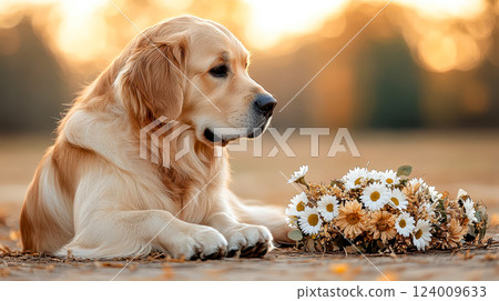 Happy dog in a flower meadow wearing a floral crown during a sunny day enjoying nature's beauty 124009633