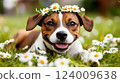 Happy dog in a flower meadow wearing a floral crown during a sunny day enjoying nature's beauty 124009638