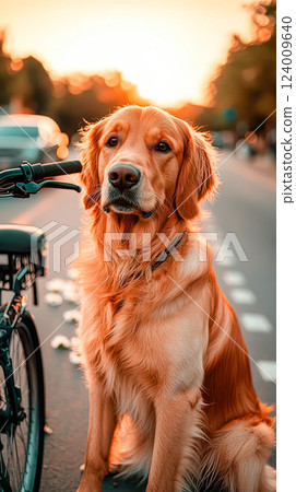 Golden retriever sits by a bicycle on a tranquil street at sunset reflecting warmth and companionship 124009640