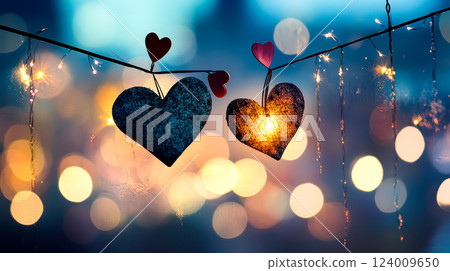 Magical hearts floating in a dreamy atmosphere create a warm and romantic ambiance on a serene evening 124009650