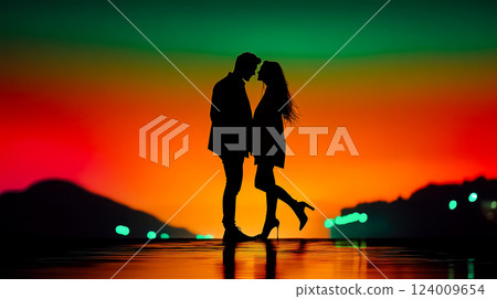 Couple shares a tender moment on the beach at sunset, creating a magical atmosphere filled with love and joy 124009654