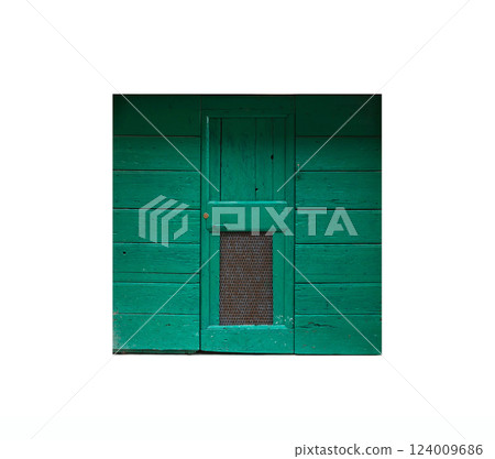 Green wooden gate isolated on white background, background photo 124009686