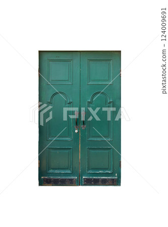 Vintage green wooden door isolated on white background, front view Vintage green wooden door isolated on white background, front view 124009691