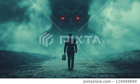 A businessman fighting a giant monster 124009699