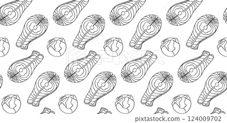 Hand drawn Brussels sprout heads Salmon steak Seamless pattern Banner format Healthy eating Backdrop Hand drawn Brussels sprout heads Salmon steak Seamless pattern Banner format Healthy eating Backdrop 124009702