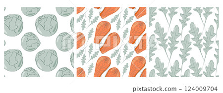 Brussels Sprout Heads Salmon steaks Arugula leaves Seamless patterns Healthy eating background Set 3 124009704