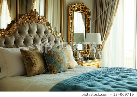 classic bedroom style with set of pillows on bed 124009719