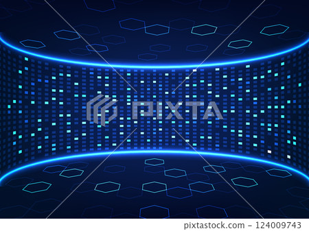 Metaverse technology background, curves combined with three-dimensionally arranged squares, signifies entering a virtual world that uses entertainment. 124009743