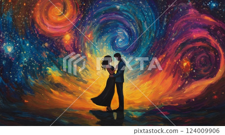 Couple dancing under swirling galaxies with vibrant colors in a cosmic setting 124009906