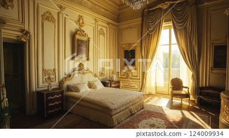Elegant palace bedroom interior with ornate decor and warm sunlight 124009934