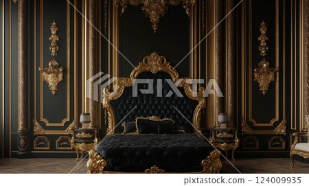 Elegant black and gold palace bedroom interior with ornate decors 124009935