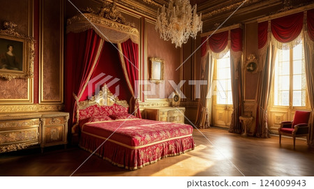Elegant red palace bedroom interior and luxurious bed in a historic setting 124009943
