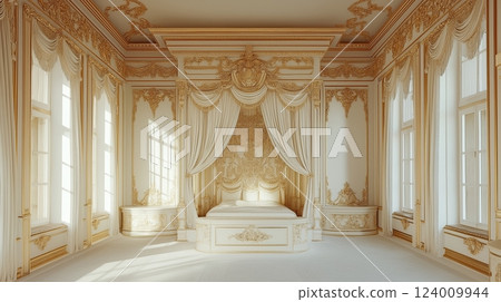 Elegant white and gold palace bedroom interior and luxurious bed in a historic setting 124009944