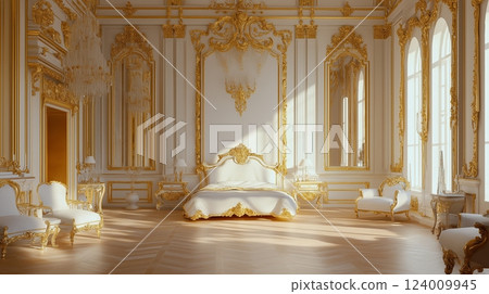 Elegant white and gold palace bedroom interior and luxurious bed in a historic setting Elegant white and gold palace bedroom interior and luxurious bed in a historic setting 124009945