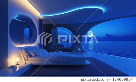 Cozy bedroom with stunning ocean view and moonlight illuminating the serene atmosphere at night Cozy bedroom with stunning ocean view and moonlight illuminating the serene atmosphere at night 124009954