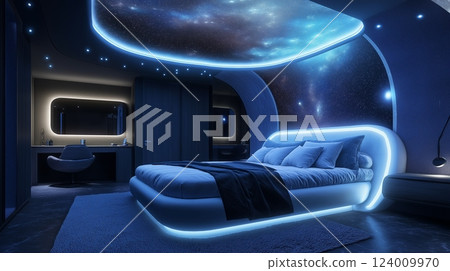 Cozy bedroom with night sky view and stars illuminating the serene atmosphere at night 124009970