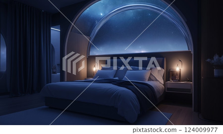 Bedroom with transparent ceiling featuring a starry night view 124009977