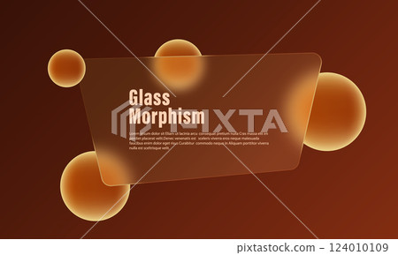 Brown gradient background with imitation glass banner with glowing spheres. Website landing page template in glass morphism style. Brown gradient background with imitation glass banner with glowing spheres. Website landing page template in glass morphism style. 124010109