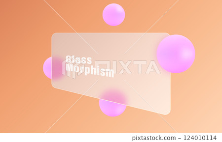 Imitation glass banner with spheres on gradient background. Abstract background in glass morphism style. Imitation glass banner with spheres on gradient background. Abstract background in glass morphism style. 124010114