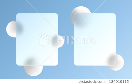 Website landing page in glass morphism style. Presentation screen with the effect of glass overlay on floating spheres with a gradient. Website landing page in glass morphism style. Presentation screen with the effect of glass overlay on floating spheres with a gradient. 124010115