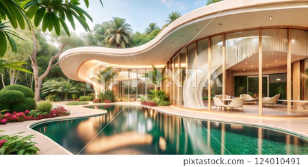 An elegant contemporary mansion featuring a large swimming pool with cascading waterfalls and abundant natural light An elegant contemporary mansion featuring a large swimming pool with cascading waterfalls and abundant natural light 124010491