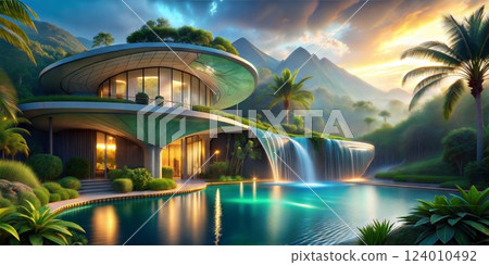 A futuristic eco-friendly home nestled in a lush tropical paradise with cascading waterfalls and breathtaking mountain views A futuristic eco-friendly home nestled in a lush tropical paradise with cascading waterfalls and breathtaking mountain views 124010492