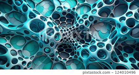 An intricate network of interconnected blue and white structures resembling organic cellular patterns in a mesmerizing abstract design 124010496
