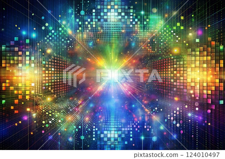 A stunning digital composition with a central light source emitting rays of light through a grid of colorful squares and circles creating a captivating effect 124010497