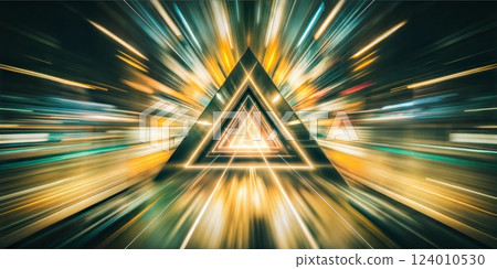 Radiant light beams converging into a central triangle symbolizing energy and power in a mesmerizing digital artwork 124010530