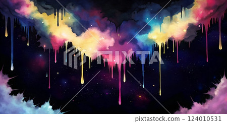 Galactic watercolor splashes merging into a cosmic scene with vibrant stars and swirling nebulae creating a sense of wonder and awe 124010531