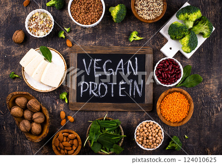 Asortment of plant based vegan protein products Asortment of plant based vegan protein products 124010625