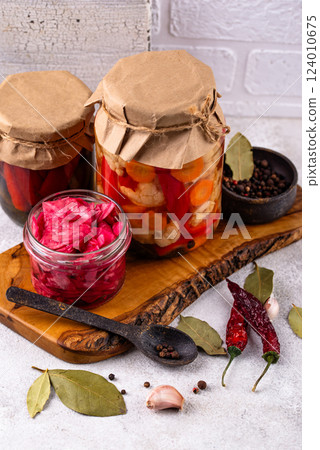 Healthy homemade fermented food in jars 124010675