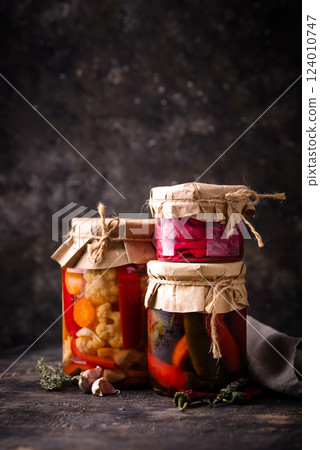 Healthy homemade fermented food in jars 124010747