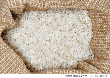 Top view of bag with long grain basmati rice 124010931