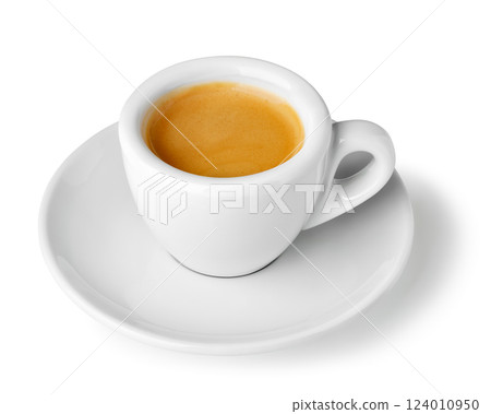 Small cup espresso with saucer revealing golden crema layer isolated on white background Small cup espresso with saucer revealing golden crema layer isolated on white background 124010950