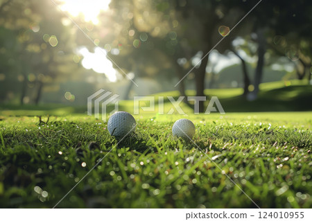 Golf ball on the grass. Generative AI 124010955