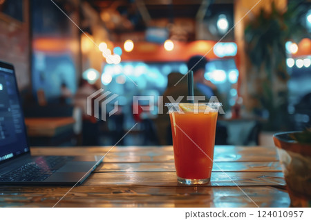 A glass of orange juice on the table. Generative AI 124010957