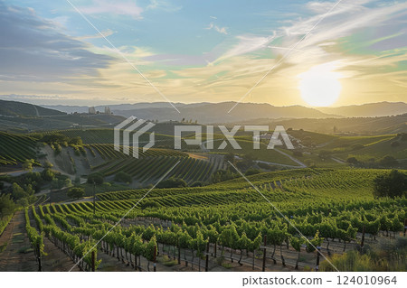 Beautiful vineyards in the sun. Generative AI 124010964