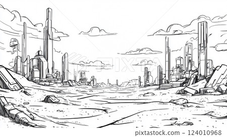 Future city ruined landscape, black and white sketch 124010968