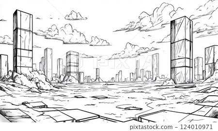 未來城市毀壞景觀，黑白素描 124010971