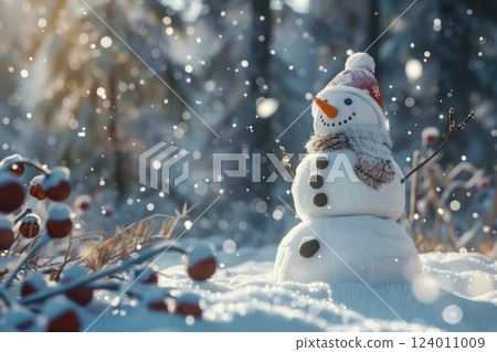 Snowman in the snow with a glowing garland. Generative AI 124011009