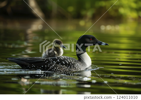 Duck with a duckling on its back. Generative AI 124011010
