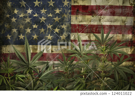 Marijuana on the background of the US flag. Generative AI 124011022